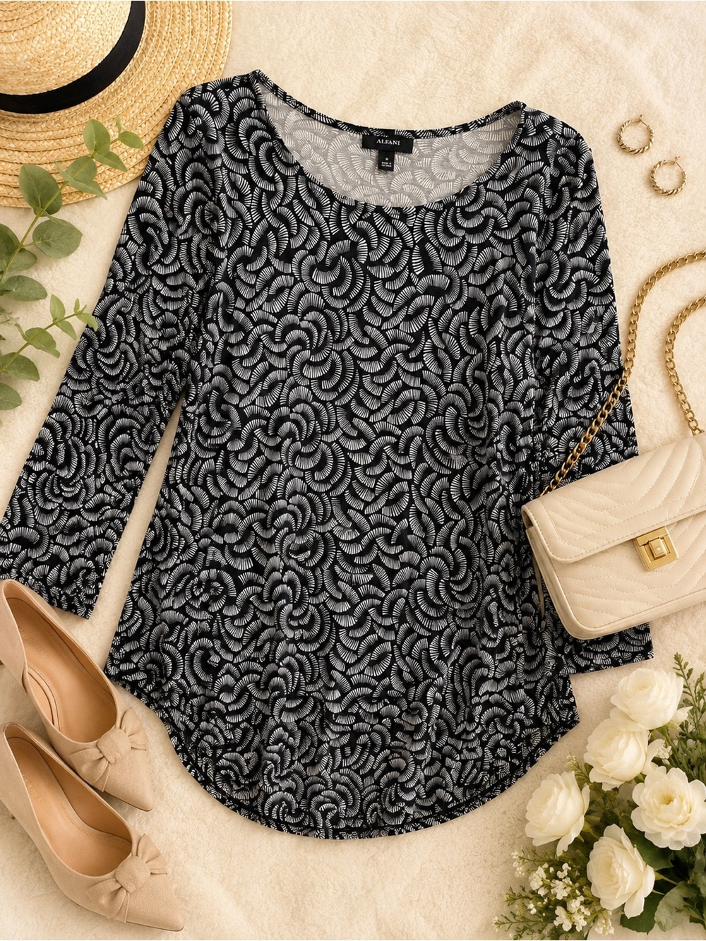 Alfani Black White Swirl Print Tunic Top Medium 3/4 Sleeve